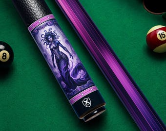 Reserva el taco de billar Shadow Medusa, taco de billar de la diosa Gorgona púrpura, taco de billar de fantasía oscura, taco de arte de la mitología griega, regalo místico de Medusa.
