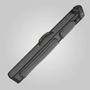 May include: A long, rectangular, charcoal gray carrying case with black trim, featuring a molded black plastic handle, two external zippered storage pockets, and a small black logo patch near the top end with a white V-shaped graphic symbol.