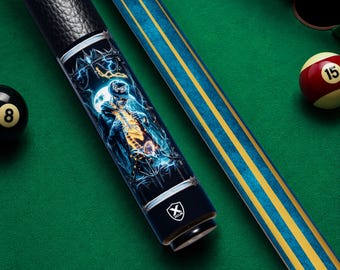 Reserva tu funda para taco de billar Midnight Outlaw Skull, funda para taco de billar con esqueleto neón, taco de billar con calavera urbana, taco de billar personalizado, regalo para amantes de las calaveras.