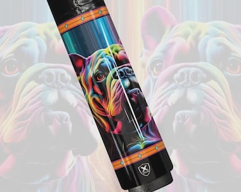Reserva ya tu taco de billar con diseño de bulldog francés colorido, estilo cyberpunk neón y eje de fibra de carbono.
