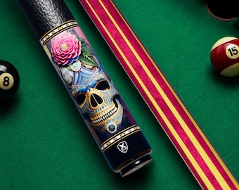 Taco de billar con calavera de azúcar, diseño del Día de Muertos, ideal para coleccionistas y amantes del arte de las calaveras.