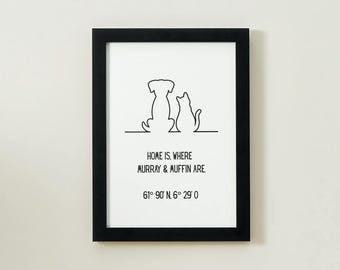 May include: A framed print with a black border features a line drawing of a dog and cat. The text reads "HOME IS, WHERE MURRAY & MUFFIN ARE. 61° 90° N, 6° 29' 0". The artwork is displayed on a white background.