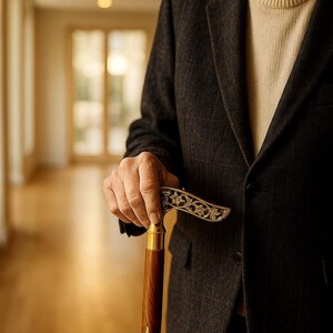 May include: A dark brown wooden cane with a gold-colored handle and decorative floral design. The cane is held by a person wearing a dark gray blazer and a cream-colored turtleneck sweater.