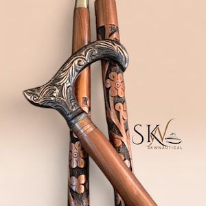 Personalized Brass Derby Handle Walking Cane, Foldable Brown Flower Design Wooden Stick, Travel Cane