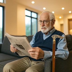 May include: A wooden walking cane with a decorative gold-colored handle rests beside a person reading a newspaper. The cane has a dark brown shaft and a curved handle with an ornate design. The person is wearing glasses, a blue sweater vest, and a light blue shirt.