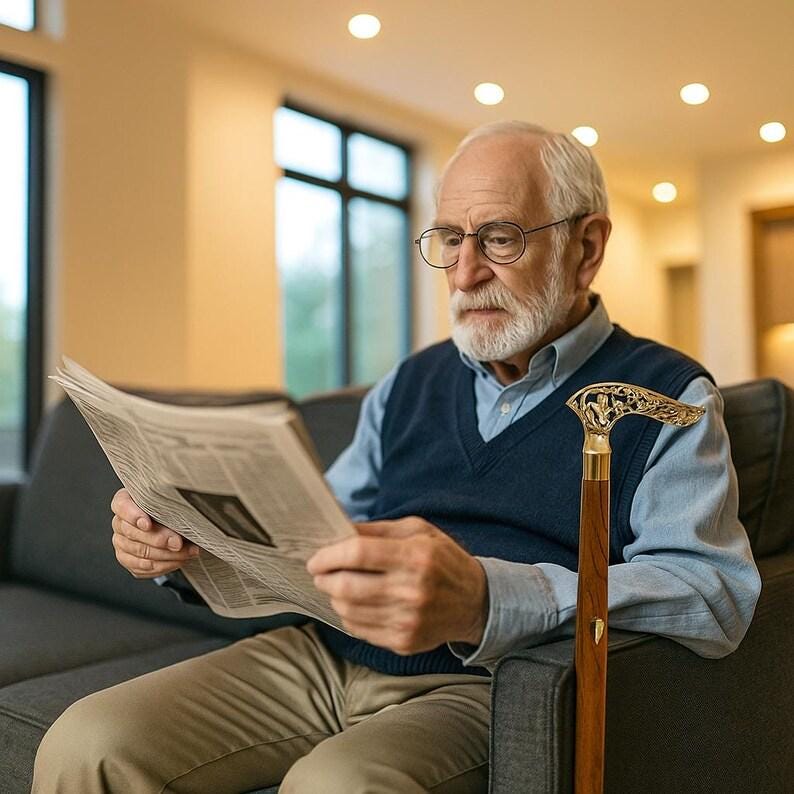May include: A wooden walking cane with a decorative gold-colored handle rests beside a person reading a newspaper. The cane has a dark brown shaft and a curved handle with an ornate design. The person is wearing glasses, a blue sweater vest, and a light blue shirt.