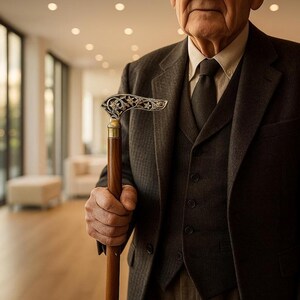 May include: A decorative walking cane with a dark wooden shaft and a detailed metal handle. The handle features an ornate floral design with gold accents. The cane is held by a person wearing a dark gray suit.