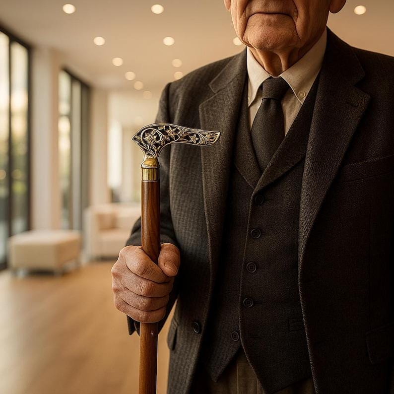 May include: A decorative walking cane with a dark wooden shaft and a detailed metal handle. The handle features an ornate floral design with gold accents. The cane is held by a person wearing a dark gray suit.