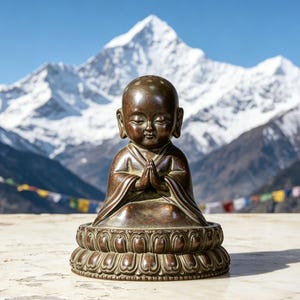 May include: A bronze-coloured statue of a young monk with a smooth, rounded head and closed eyes. The figure is seated in a cross-legged position on a lotus-shaped base with hands pressed together in a prayer gesture, wearing traditional robes.