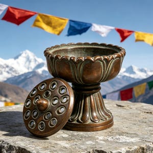 May include: A bronze-toned metal incense burner featuring a scalloped bowl and a matching circular lid with multiple circular perforations. The burner has a pedestal base and a weathered, dark patina finish with visible green oxidation in the crevices.
