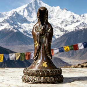 May include: A bronze-coloured statue of a hooded figure with hands pressed together in a prayer position. The figure stands on a circular lotus-shaped base and features gold-coloured accents and engraved characters on the lower front surface.