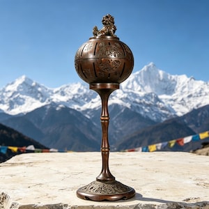 May include: A bronze-toned metal incense burner featuring a spherical body with cut-out slots and engraved Chinese characters. The top is adorned with a small lion figurine, and the entire piece is supported by a slender stem and a wide base.