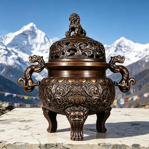 May include: A bronze-coloured metal incense burner featuring intricate floral and scroll relief patterns. The vessel has two dragon-shaped side handles, three legs adorned with lion-like faces, and a lid topped with a small guardian lion figure.