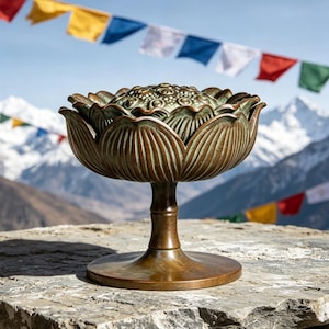 Tibetan Style Copper Lotus Cone Incense Holder, Antique Patina Metal Essential Oil Furnace,  Flower Aroma Diffuser,  Meditation Home Decor