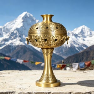 May include: A metallic gold incense burner featuring an ornate, spherical body with intricate cut-out patterns and a narrow neck. The vessel is supported by a slender, tapered pedestal base and includes two side handles shaped like lion heads with rings.