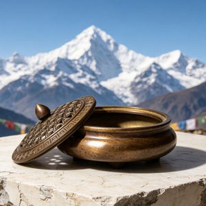 May include: A round bronze incense burner with a removable lid featuring an intricate openwork lattice pattern and a small pointed finial. The base is a smooth, low-profile bowl with a polished metallic finish, resting on small feet.