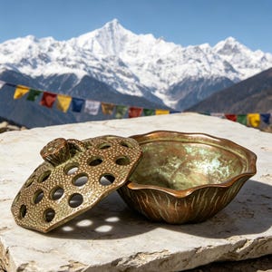 May include: A bronze-toned metal bowl with a scalloped rim and a matching domed lid featuring a textured surface with numerous circular cutouts and a small lotus seed pod-shaped handle, showcasing a weathered patina finish throughout.
