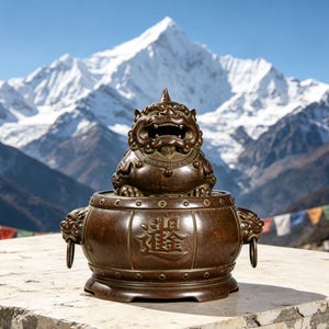 May include: A bronze-coloured metal incense burner featuring a sculpted guardian lion figure on the lid. The round vessel has side handles with rings and a prominent Chinese character embossed on the front, set against a snowy mountain backdrop.