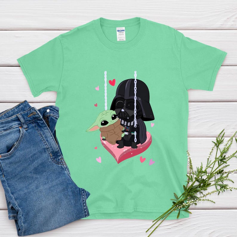 Star Wars Baby Yoda and Darth Vader Swing Shirt, Cute Heart Love Tee, Adorable Galaxy Valentine T-Shirt, Sweet Cartoon Lovers Top bild 6
