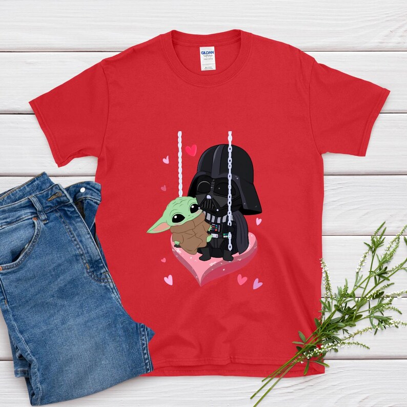 Star Wars Baby Yoda and Darth Vader Swing Shirt, Cute Heart Love Tee, Adorable Galaxy Valentine T-Shirt, Sweet Cartoon Lovers Top bild 4