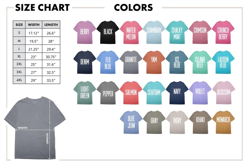 Op de afbeelding: Maattabel en kleuropties voor t-shirts. De maattabel toont afmetingen in inches voor maten S tot 4XL. Kleuropties zijn Berry, Black, Water Melon, Chambray, Chalky Mint, Crimson, Crunch Berry, Denim, Flo Blue, Granite, Yam, Ice Blue, Island Reef, Lagoon Blue, Light Green, Pepper, Salmon, Seafoam, Navy, Violet, Blossom, Blue Jean, Gray, Ivory, Khaki en Monarch.