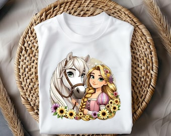 Rapunzel Horse Shirt, Floral Princess Tee, Cute Rapunzel & Horse T-Shirt, Fairytale Girl Gift Top, Daisy Flower Graphic Shirt