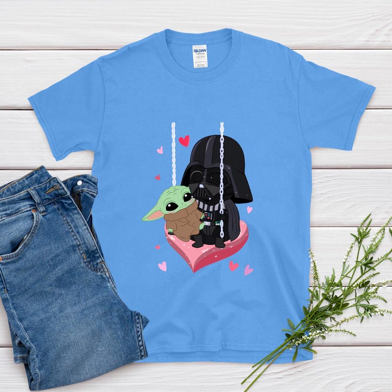 Star Wars Baby Yoda and Darth Vader Swing Shirt, Cute Heart Love Tee, Adorable Galaxy Valentine T-Shirt, Sweet Cartoon Lovers Top bild 2