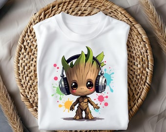 Cute Baby Groot Music Shirt, Headphones Groot Tee, Dancing Tree Cartoon T-Shirt, Guardians Fan Gift, Colorful Pop Art Top