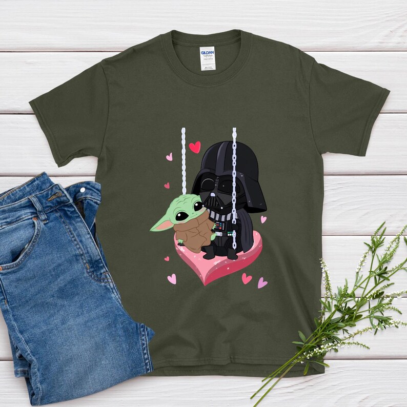 Star Wars Baby Yoda and Darth Vader Swing Shirt, Cute Heart Love Tee, Adorable Galaxy Valentine T-Shirt, Sweet Cartoon Lovers Top bild 7