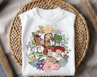 Toy Story Floral Shirt, Woody Buzz Jessie Flower Design Tee, Retro Disney Pixar T-Shirt, Cute Pastel Cartoon Friends Top