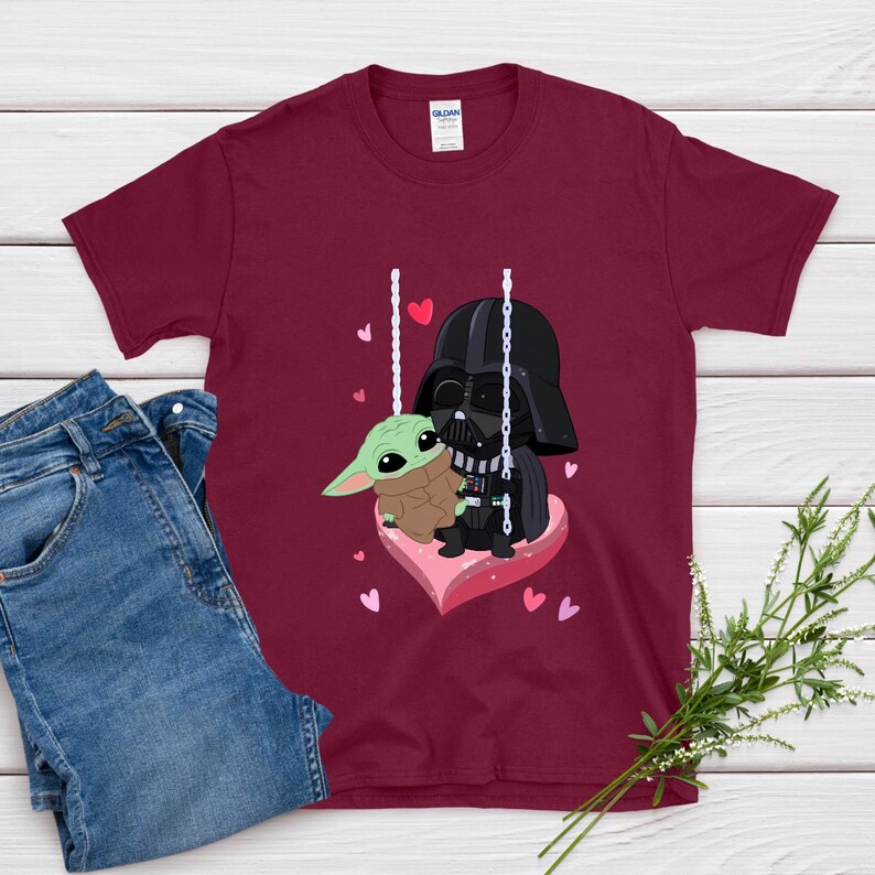 Star Wars Baby Yoda and Darth Vader Swing Shirt, Cute Heart Love Tee, Adorable Galaxy Valentine T-Shirt, Sweet Cartoon Lovers Top bild 8
