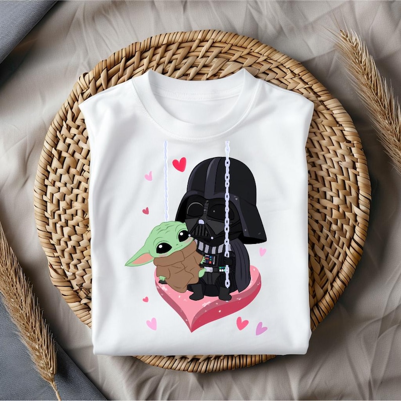 Star Wars Baby Yoda and Darth Vader Swing Shirt, Cute Heart Love Tee, Adorable Galaxy Valentine T-Shirt, Sweet Cartoon Lovers Top bild 1