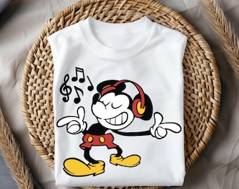 Camiseta retro de DJ con ratón de dibujos animados, bonita camiseta con estampado para amantes de la música, camiseta con auriculares estilo vintage para niños y adultos.