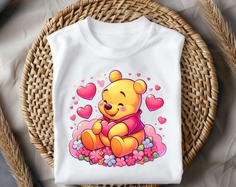 Cute Pooh Bear Heart Shirt, Adorable Cartoon Tee, Love & Honey Graphic T-Shirt, Sweet Floral Gift Top, Whimsical Character Tee
