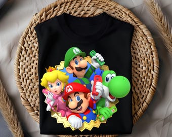 Super Mario Luigi Peach Yoshi Shirt, Cute Gamer Character Tee, Mario Bross T-Shirt, Colorful Retro Gaming Style Top for Kids & Adults