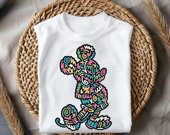 Camiseta con dibujos animados de garabatos coloridos, inspirada en ratones retro, con gráfico de líneas de neón, estilo urbano unisex.