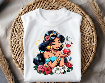 Princess Jasmine Shirt, Magic Love Disney Tee, Arabian Nights Inspired T-Shirt, Cute Jasmine Shirt, Elegant Floral Princess Art Top