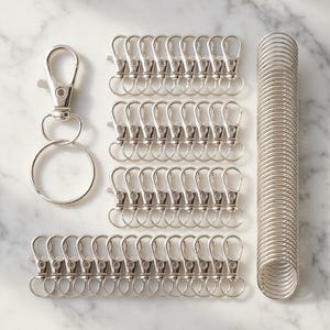 May include: A collection of silver-colored keychains and key rings. The keychains have a lobster claw clasp and a small ring. There are multiple rows of keychains, a large key ring, and a coil of silver metal rings.