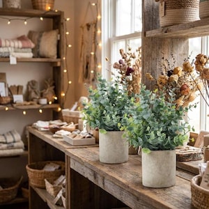 May include: Two artificial eucalyptus plants with small, rounded green leaves, each potted in a cylindrical, light gray concrete-textured planter. The plants are positioned side-by-side on a wooden surface, displaying a realistic foliage appearance.