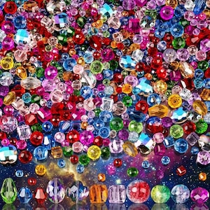 May include: A large collection of multi-colored faceted glass beads in various shapes and sizes, including round, square, and teardrop forms, scattered across a dark, starry background with a row of larger beads arranged at the bottom.