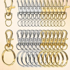 May include: A collection of metal lobster claw clasps and split rings in gold and silver tones. The set includes multiple swivel snap hooks arranged in rows, paired with matching circular key rings, providing a versatile hardware assortment.
