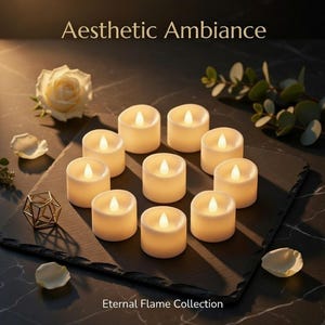 May include: Aesthetic Ambience. A collection of ten ivory-colored LED candles arranged on a dark slate. Each candle has a flickering, warm-toned flame. The scene is decorated with a white rose, petals, and greenery. The text "Eternal Flame Collection" is visible.