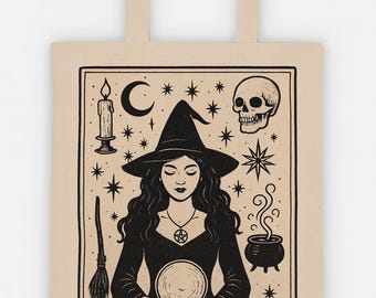 Bolsa de tela con diseño de gato brujo que brilla en la oscuridad: regalo de lona hecho a mano con temática de brujería.
