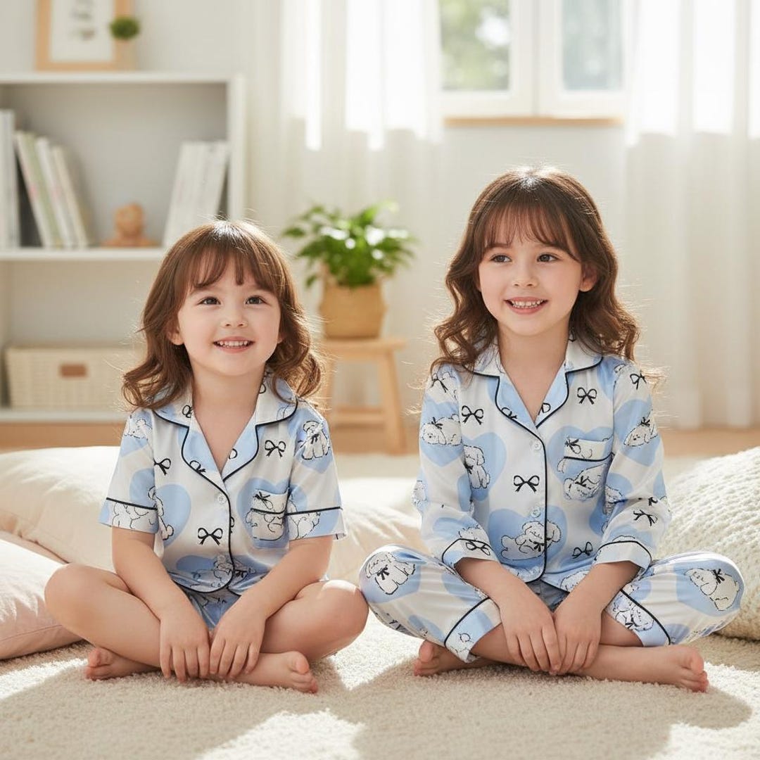 Kids Pajama Set With Teddy Bear Print, Blue Bear Pattern Pajamas for ...