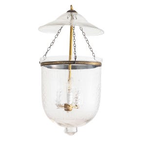 May include: Clear glass hanging lantern with etched geometric and floral patterns. The lantern has a brass-colored top and bottom rim, a central support, and a decorative top. It is suspended by chains.