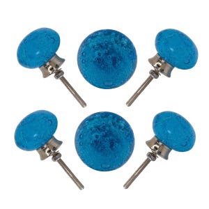 Steel Blue Glass Bubble Cabinet Knobs - Set of 6 Modern Decorative Pulls Silver Fittings