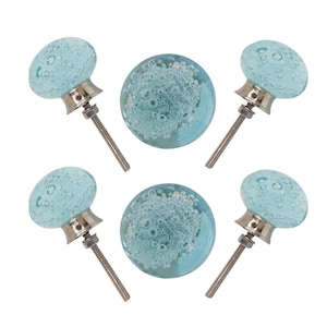 Aqua Glass Bubble Cabinet Knobs – Set of 6 Modern Drawer Pulls (Silver Hardware)