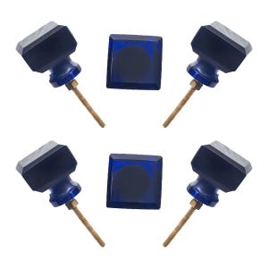 May include: A set of five cabinet knobs. The knobs have a dark blue, faceted, square top and a matching blue base. The screw is gold-colored. Two square, dark blue cabinet pulls are also included in the image.