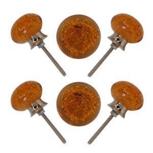Amber Glass Bubble Cabinet Knobs - Set of 6 Modern Decorative Pulls with Silver Hardware