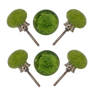 Olive Green Glass Bubble Cabinet Knobs – Set of 6 Modern Drawer Pulls (Silver Hardware)